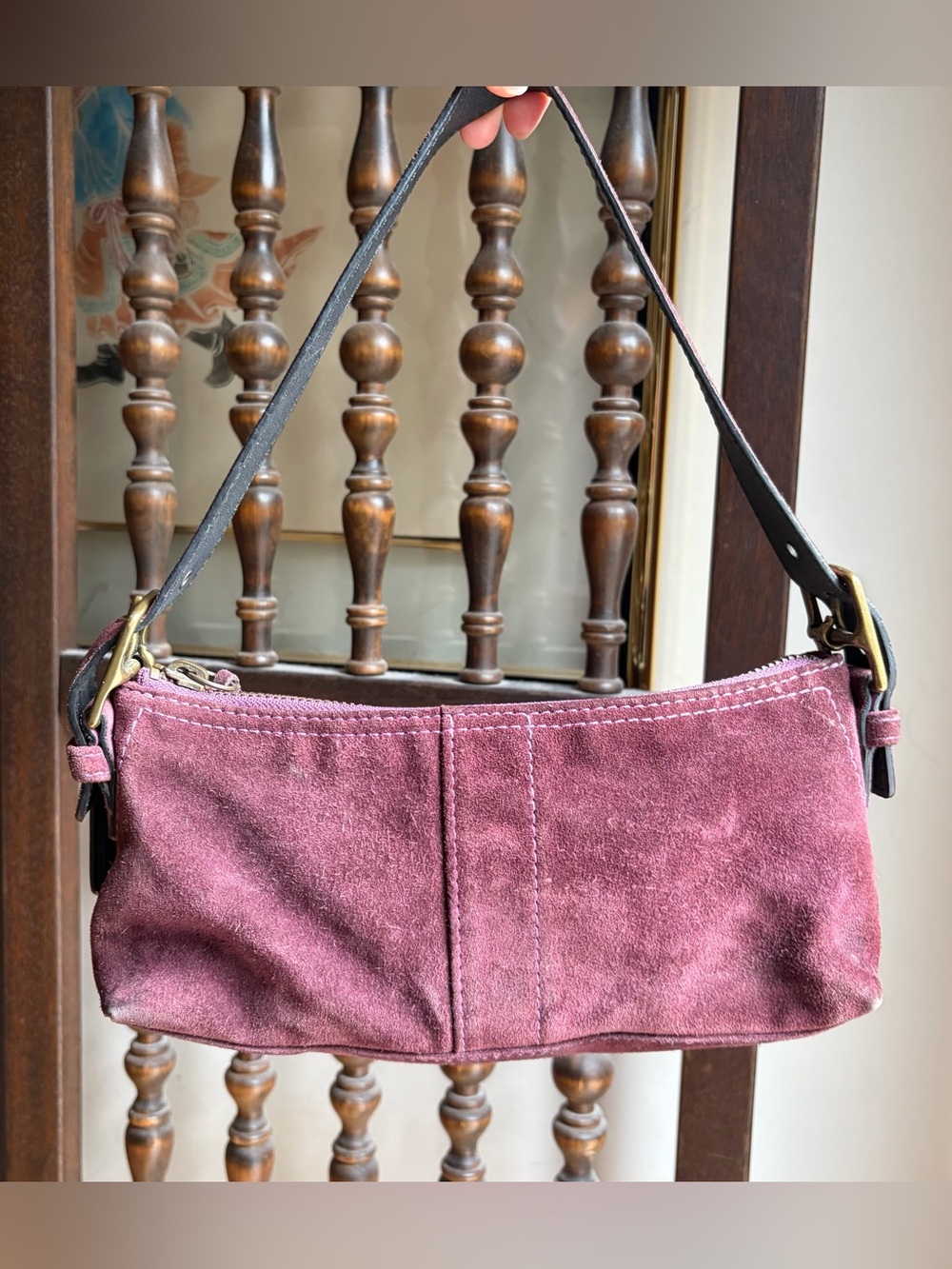 COACH Hamptons Suede Soft Demi #7470 Aubergine Vintage Y2K Baguette Shoulder Bag - Picture 8 of 16
